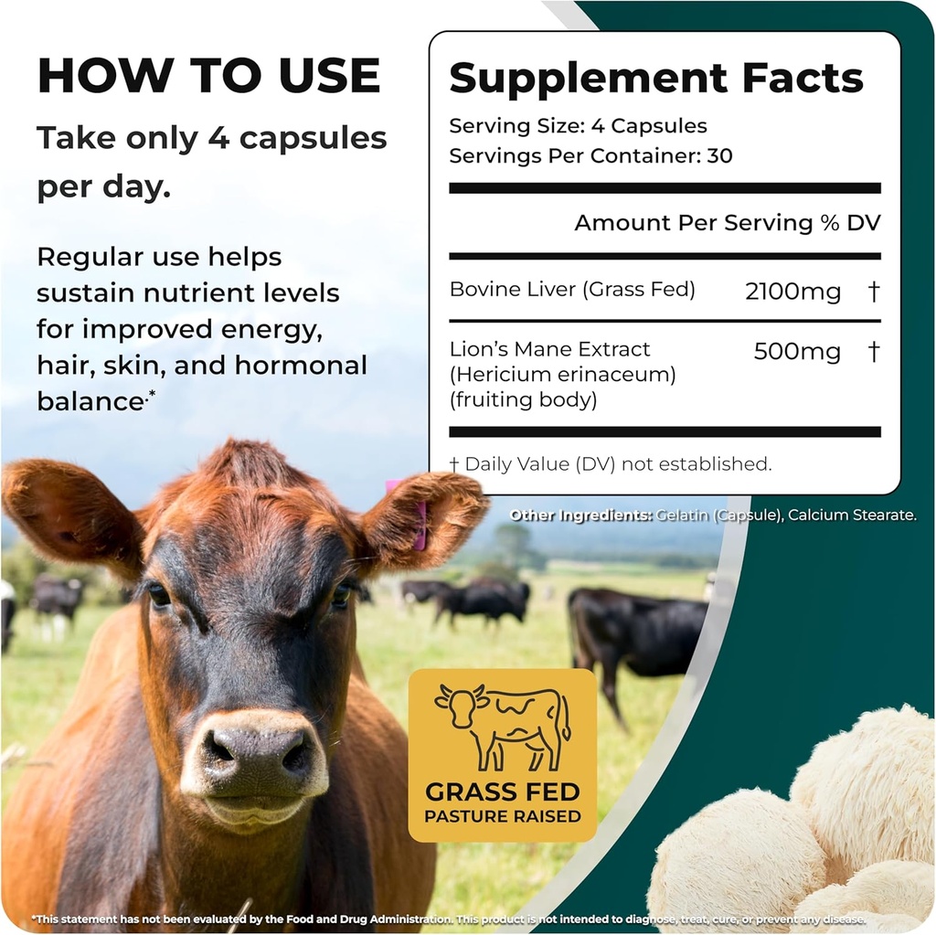 Natural Energy & Focus for High Performing Professionals w/Grass Fed Beef Liver Capsules w/Lions Mane | Grassfed Beef Liver Supplement Supports Full Body Wellness & Iron Levels | 30 Serving-120 Cnt 5