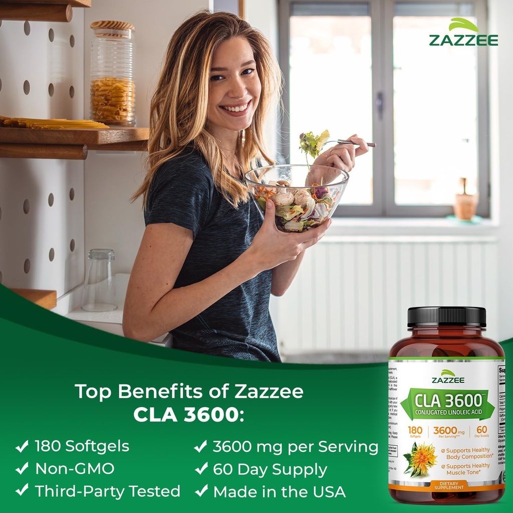 Zazzee High Potency CLA 3600, 180 Softgels, 3600 mg per Serving, Conjugated Linoleic Acid from Safflower Oil, Concentrated and Standardized, 60 Day Supply, Non-GMO and Made in The USA 3