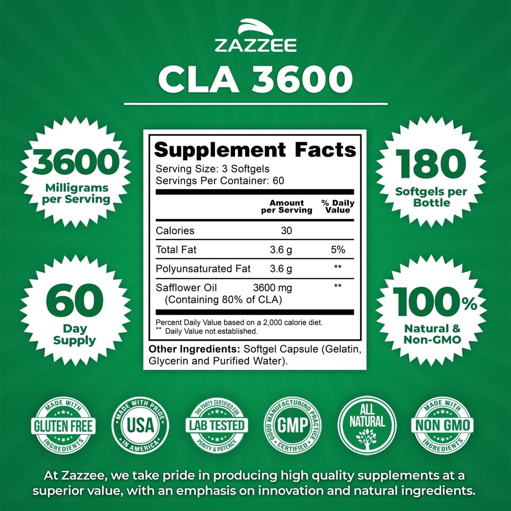 Zazzee High Potency CLA 3600, 180 Softgels, 3600 mg per Serving, Conjugated Linoleic Acid from Safflower Oil, Concentrated and Standardized, 60 Day Supply, Non-GMO and Made in The USA 4