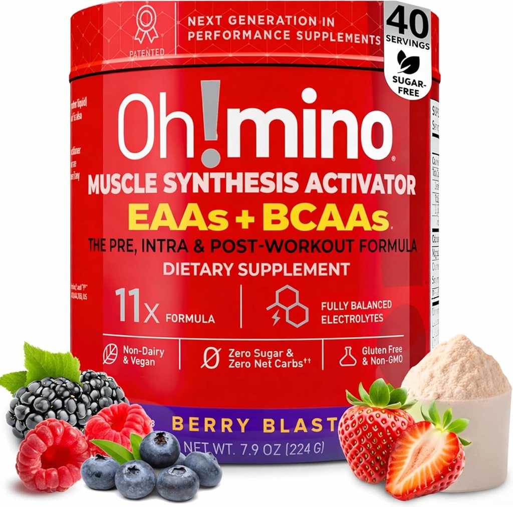 Oh!mino Essential Amino Acids Supplement. Berry Blast, Caffeinated Powder. All 9 EAAs, BCAAs and The Perfect Amino for Workouts, Amino Energy, and to Build Muscle, and Recover Faster. 2