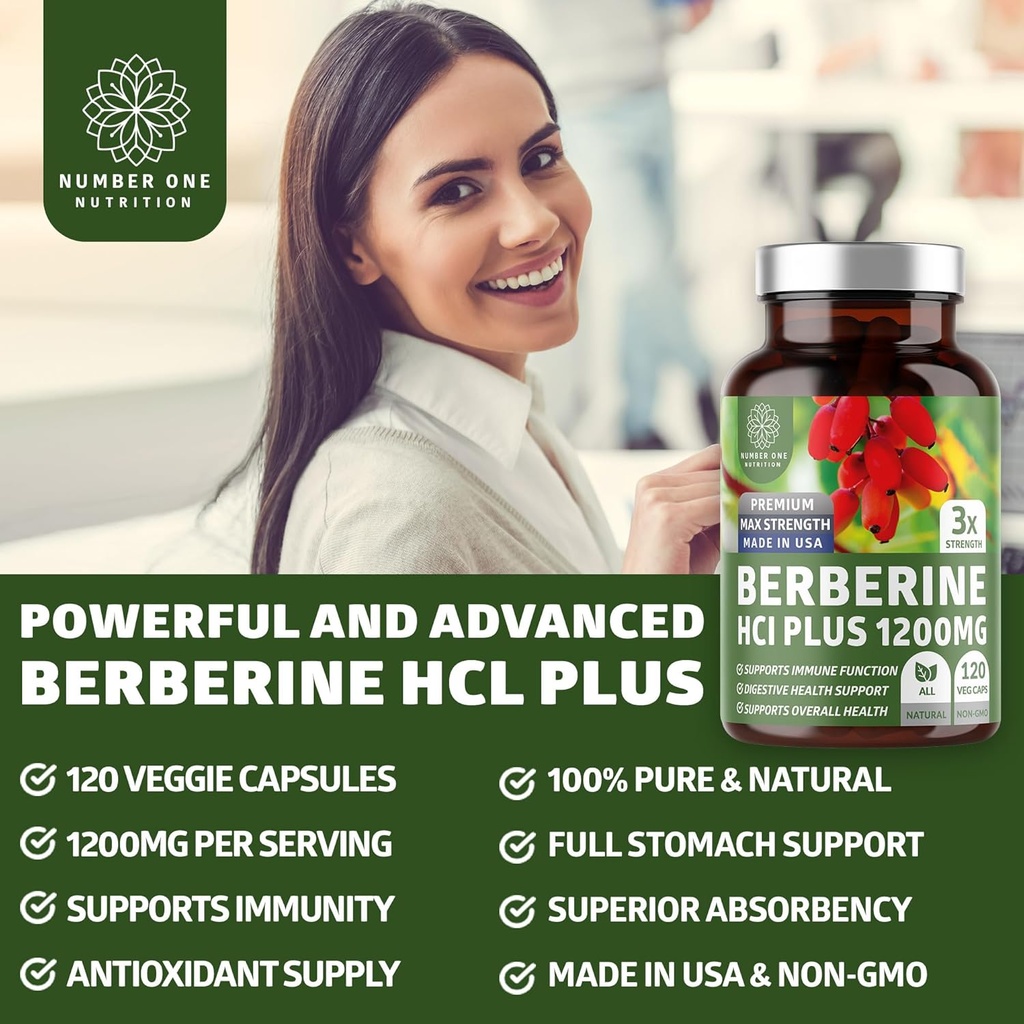 Number One Nutrition N1N Premium Berberine Plus 120 Caps, 1200mg, Natural Supplement Supports Anti-Aging, Cellular Health, Energy and Digestion 3