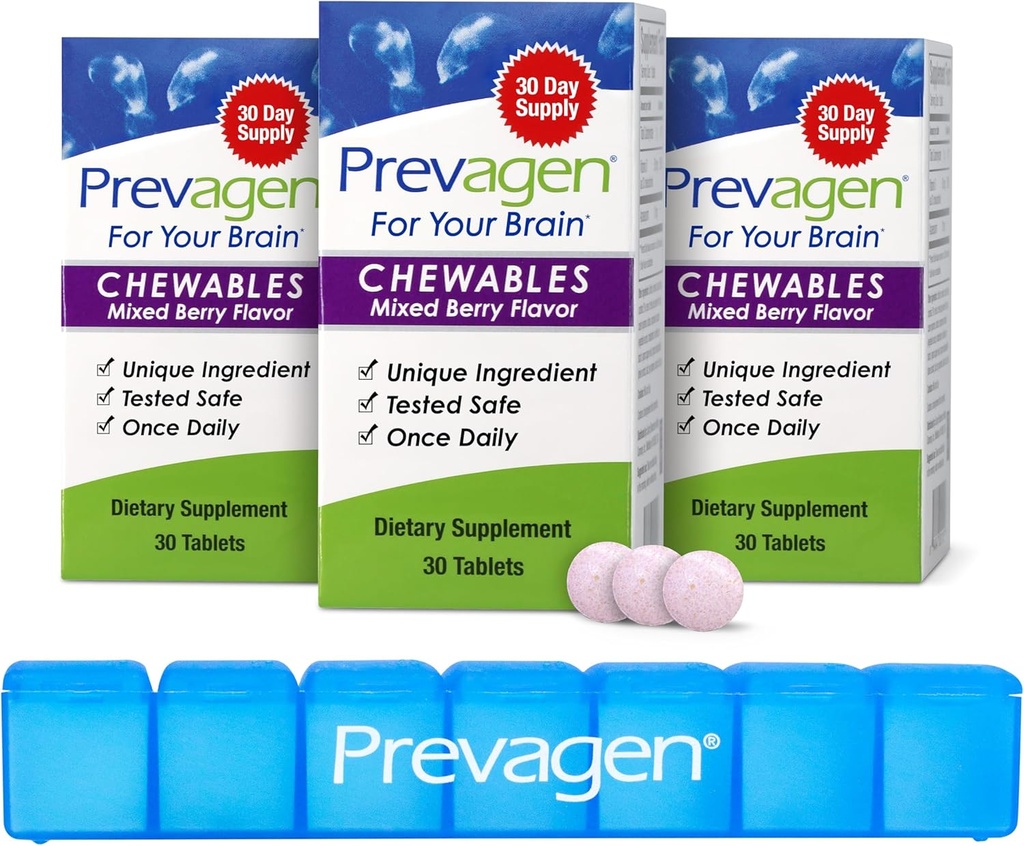 Prevagen Regular Strength Mixed Berry Chewables - 90 Tablets (3 Month Supply) | Formulated for Your Brain | 10mg of Apoaequorin Plus Vitamin D3 with 7-Day Pill Minder 2