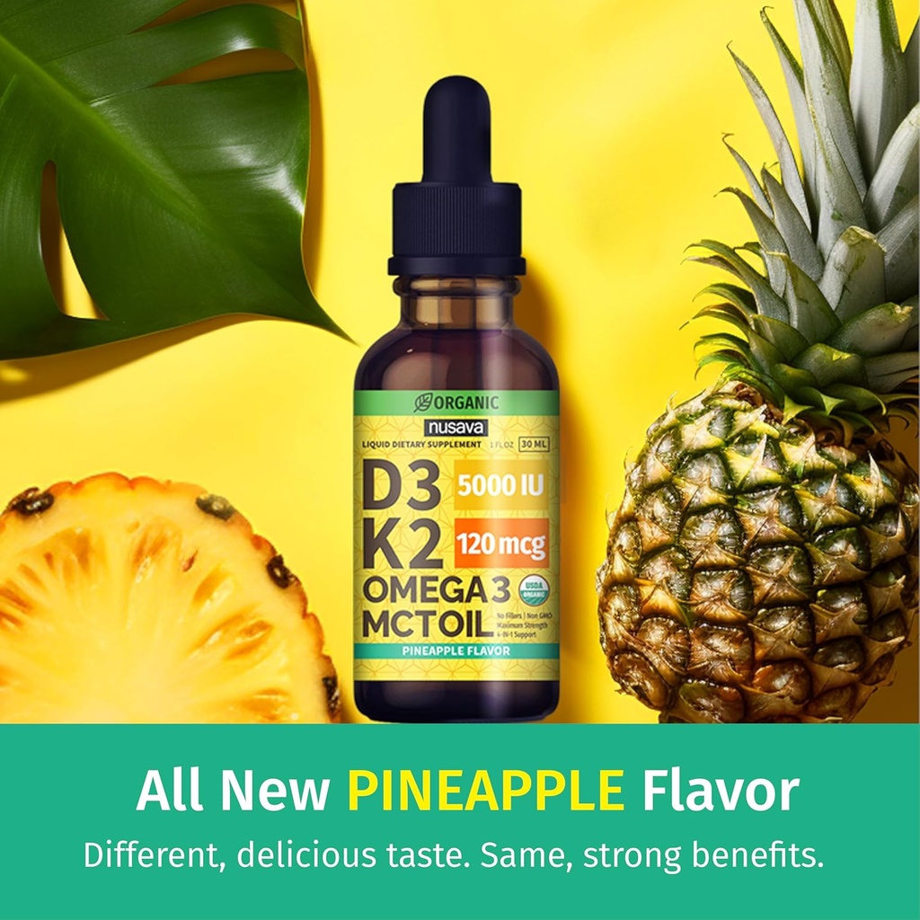 (4 Pack) Organic Vitamin D3 K2 Drops with MCT Oil Omega 3, Maximum Strength Vitamin D Liquid 5000 IU, No Fillers, Non-GMO Liquid D3 for Faster Absorption and Immune Support (Pineapple, 4 Fl Oz) 3