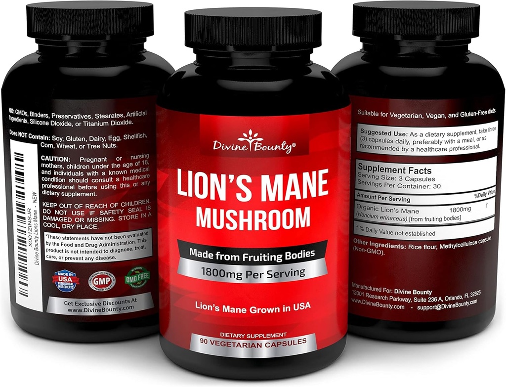 Organic Lions Mane Mushroom Capsules - 1800mg Strongest Lion's Mane Mushroom Supplement - Non-GMO Lions Mane Extract Powder - Nootropic Brain Supplement - Brain & Immune Support - 90 Vegetarian Caps 5