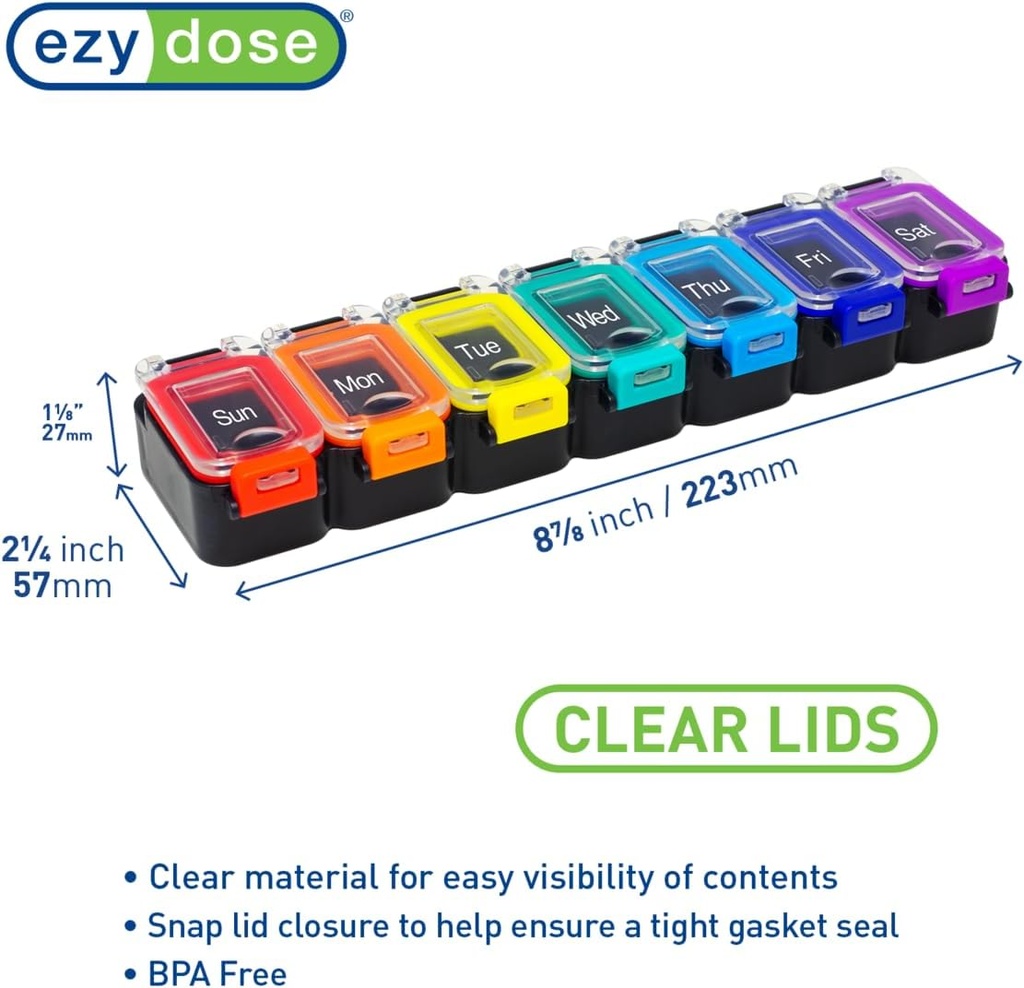 EZY DOSE Weekly (7-Day) Daily Pill Planner, Medicine Case, Vitamin Organizer Container, Waterproof Locking Compartments to Secure Prescription Medication and Prevent Accidental Spilling, Rainbow 3