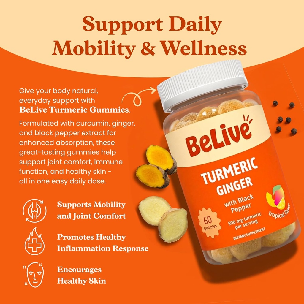 BeLive Turmeric Curcumin with Black Pepper & Ginger - 500 mg of Turmeric and Ginger Supplement for Immune Support, Healthy Skin, and Mobility - Tropical Flavor | 60 Count 4