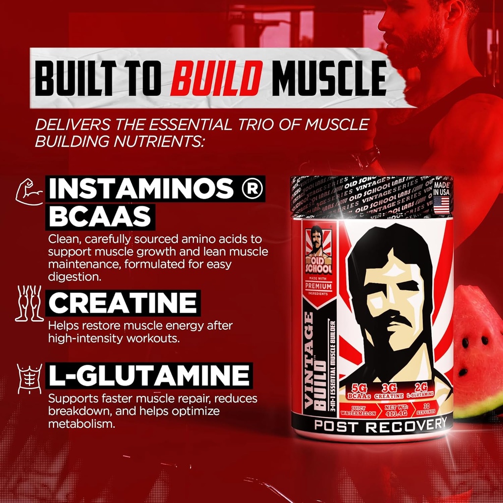 Vintage Build – Post Workout Recovery & Muscle Building Powder Drink for Muscular Strength & Growth - Reduces Soreness – Creatine Monohydrate, BCAAs, L-Glutamine – Juicy Watermelon Flavor – 388g 3