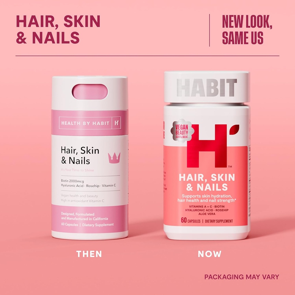 Habit Hair, Skin & Nails Supplement 2 Pack (120 Capsules) - New Look, Supports Skin Hydration, Hair & Nail Strength, Biotin 2000mcg, Vitamin A & C, Hyaluronic Acid, Rosehip, Vegan, Non-GMO 3