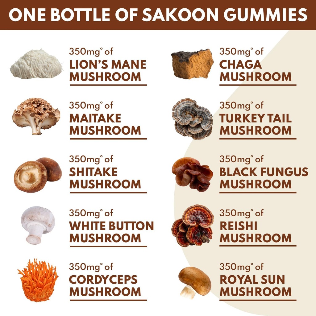 Sakoon nutrition Lions Mane Mushroom Gummies with Turkey Tail, Reishi & More, 2500mg, 60 Count, Raspberry Flavored 4