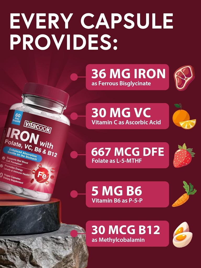 Iron Supplement for Women & Men, Iron Bisglycinate with Vitamin C, B6, B12, Folate, Stomach Friendly, Non-Constipating, Blood Health & Energy Boost, 60 Vegan Caps 3