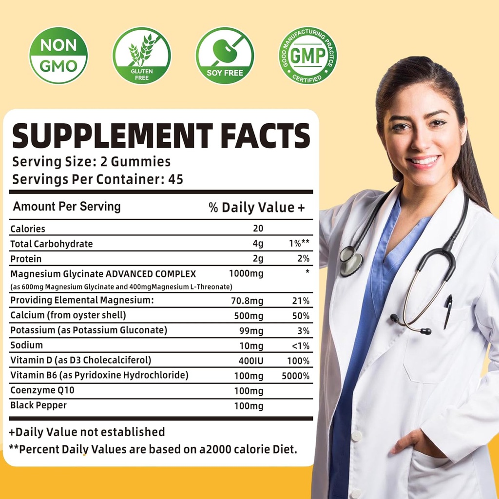 Magnesium Glycinate Gummies 1000mg - Sugar Free Magnesium Potassium Supplement with Vitamin D, B6, CoQ10 for Calm Mood & Sleep Support - 180 Mango Pineapple 5