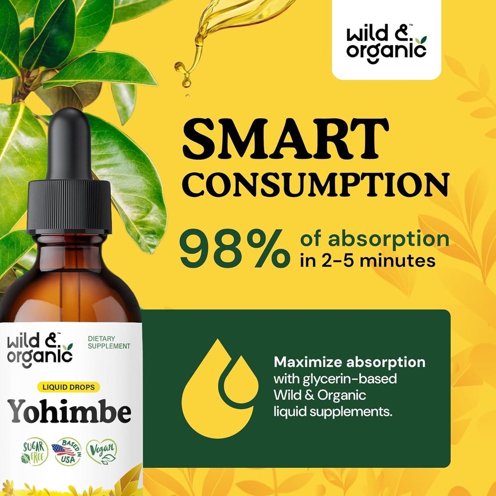 Wild & Organic Yohimbe Supplements for Men & Women - 5 mg Yohimbine Liquid Extract Drops - Pausinystalia Yohimbe Bark Tincture - Vegan, Alcohol-Free - 2 fl oz 5