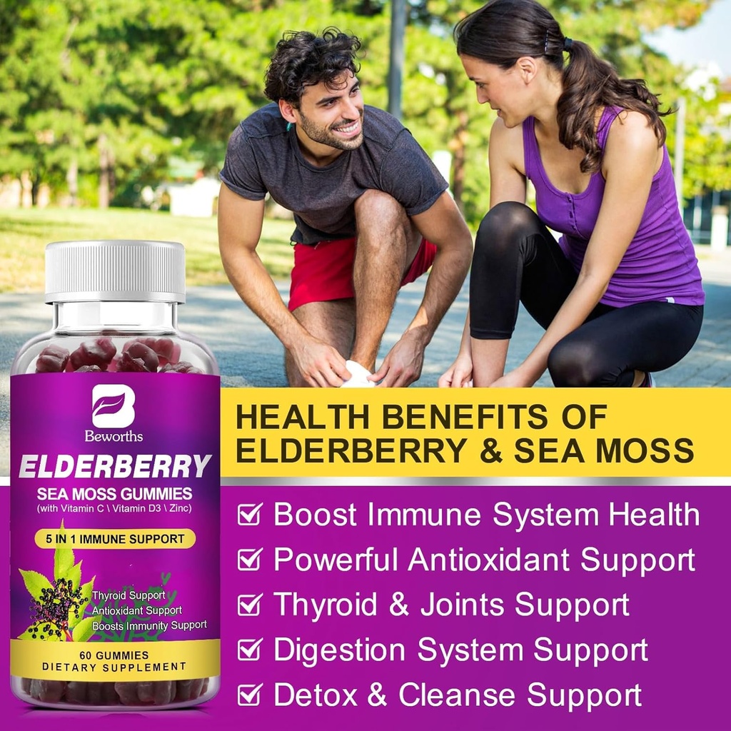 Elderberry Gummies & Irish Sea Moss, Organic Sambucus Elderberry Gummy with Seamoss, Zinc, Vitamin C, D3, Multivitamin Elderberry Vitamin & Energy Support Supplements - Sugar-Free 5