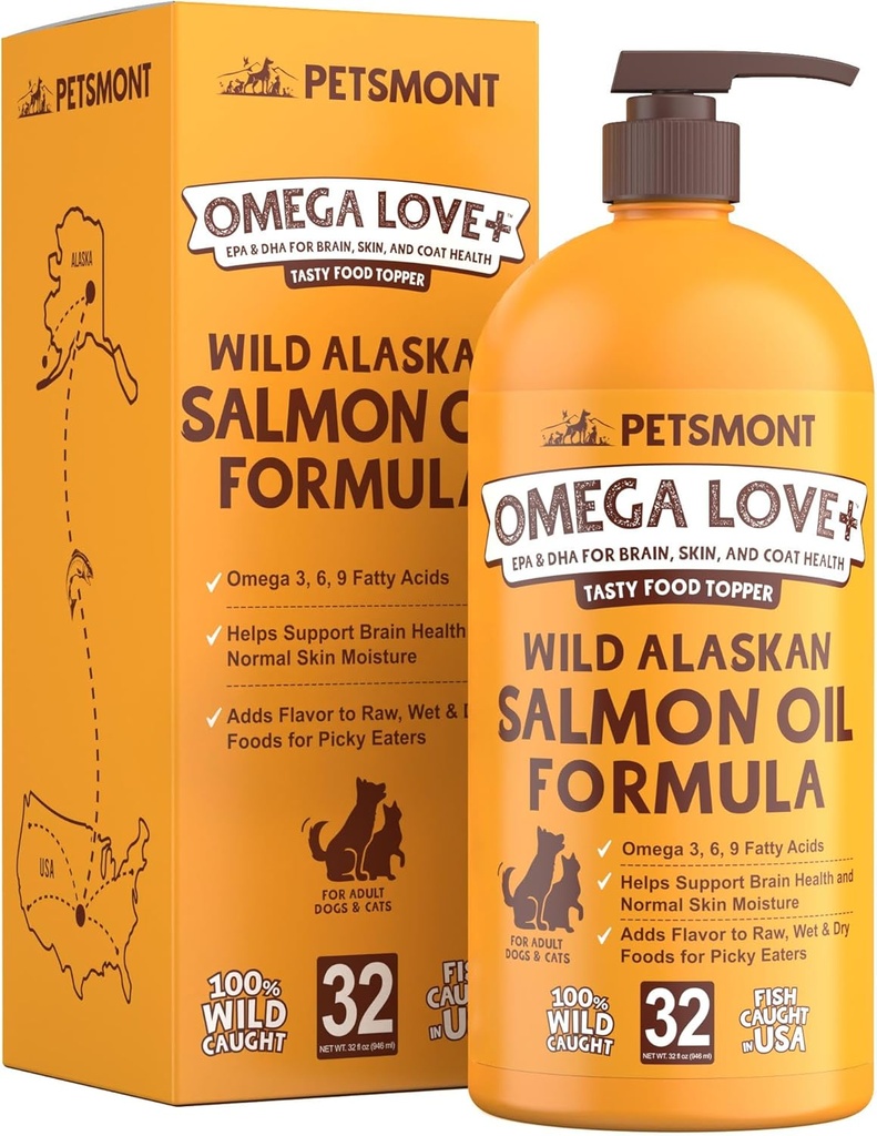 Petsmont Omega Love+ Wild Alaskan Salmon Oil for Dogs Formula 32 oz - Fish Omega Liquid Pump Cats Supports Joint Function Immune Heart Health Food Supplement Pets Natural EPA DHA Fatty Acids 5