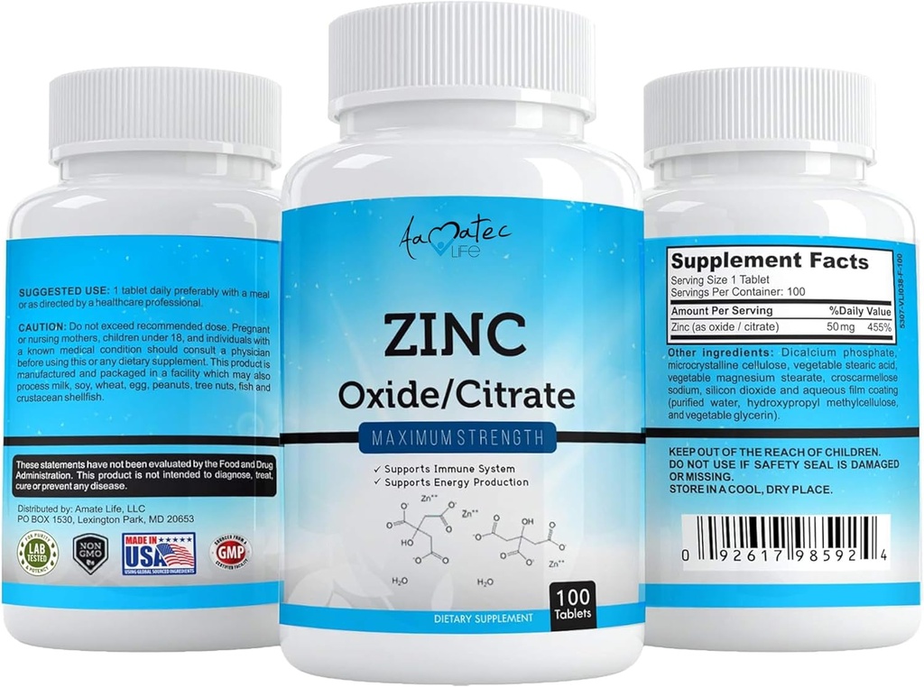 Aamatec Life Zinc Supplement 50 mg - Oxide/Citrate for Immune Support and Metabolism Support - Vegan Zinc 50mg Supports Heart and Eye Health - 100 Tables for Men and Women 6