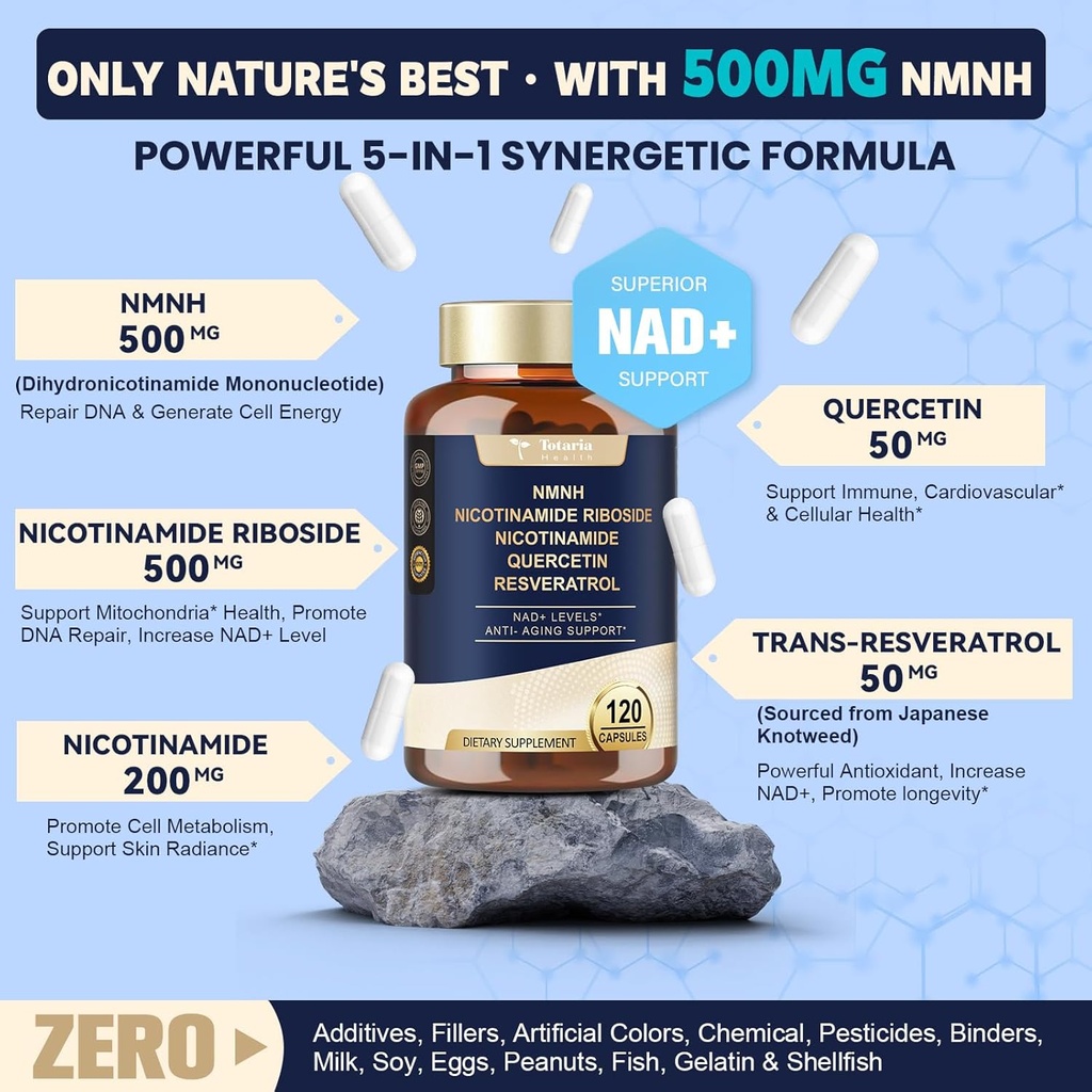 Totaria NMNH (Dihydronicotinamide Mononucleotide), NMN Alternative Supplement w/Niacinamide (Vitamin B3), Quercetin, Trans-Resveratrol, Support NAD+, Skin Cell Health*, Anti-Aging & Energy, 120 Caps 6