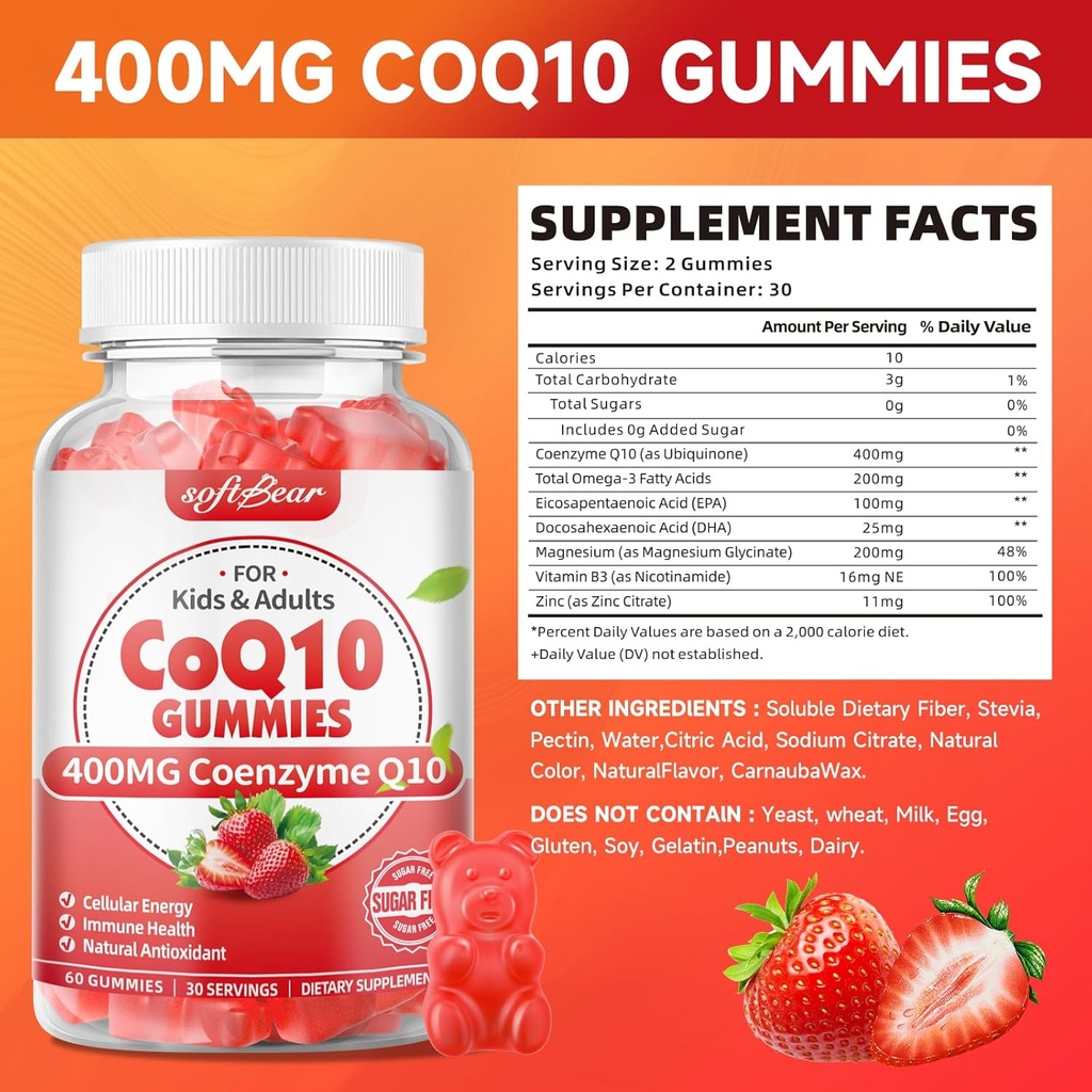 softbear CoQ10 Gummies 400mg Coenzyme Q10 Supplement for Adults, High Absorption coq10 Plus Omega-3, Magnesium, Vitamin B3 & Zinc for Cellular Energy & Antioxidant, Strawberry Flavor 60 Count 3