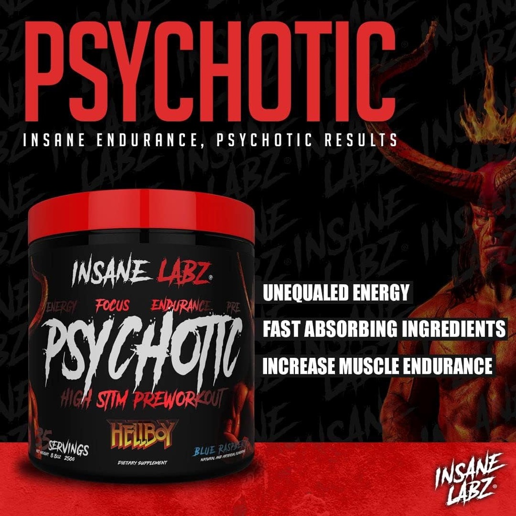 Insane Labz Hellboy Edition, High Stimulant Pre Workout Powder and NO Booster with Beta Alanine, L Citrulline, and Caffeine, Boosts Focus, Energy, Endurance, Nitric Oxide Levels, 35 Srvgs, Blue Rasp 5