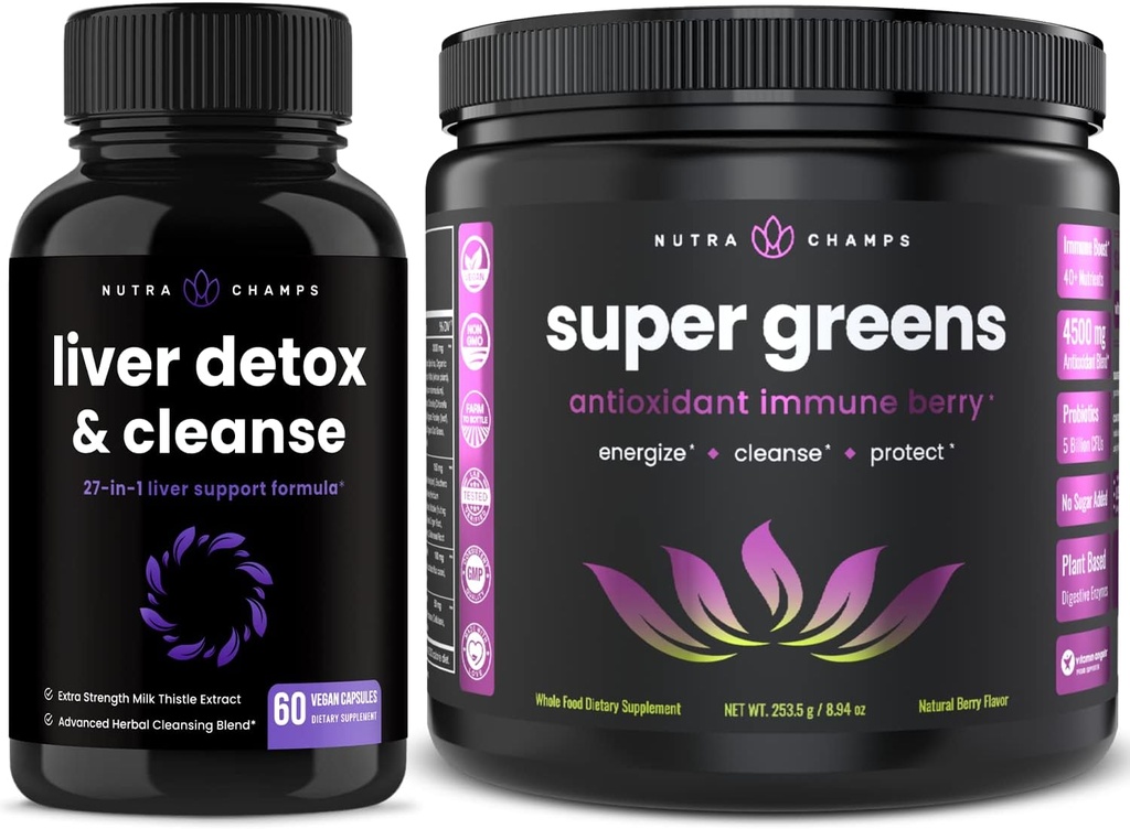 NutraChamps Liver Cleanse Detox Capsules and Super Greens Antioxidant Superfood Powder Bundle 2