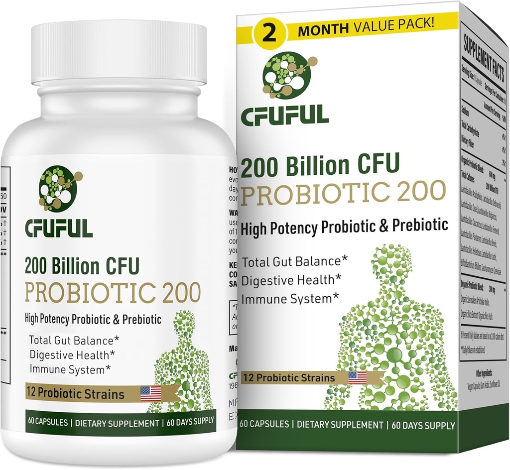Probiotics for Women & Men, 200 Billion CFU 12 Strains with 3 Organic Prebiotics and Probiotics for Digestive Health Gut, Immune, Bloating & Gas, Energy, Overall Health, Shelf Stable - 2 Month Supply 2