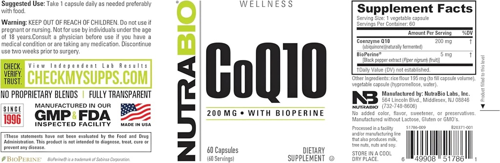 NutraBio CoQ10 Dietary Supplement with Bioperine, Healthy Heart Function & Cellular Energy Production, 200mg - 60 Capsules 4