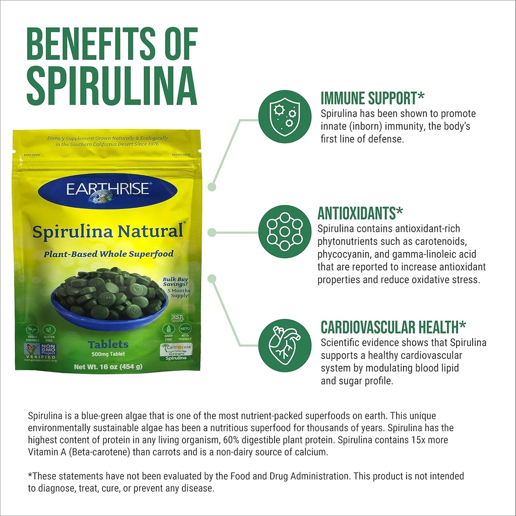 Earthrise Spirulina, Pure Californian Spirulina 500 mg, Vegan, Gluten Free, Keto Friendly, Non -GMO Super Food high in Vitamins & Minerals., 1 LB Tablets (150 Serving) 4