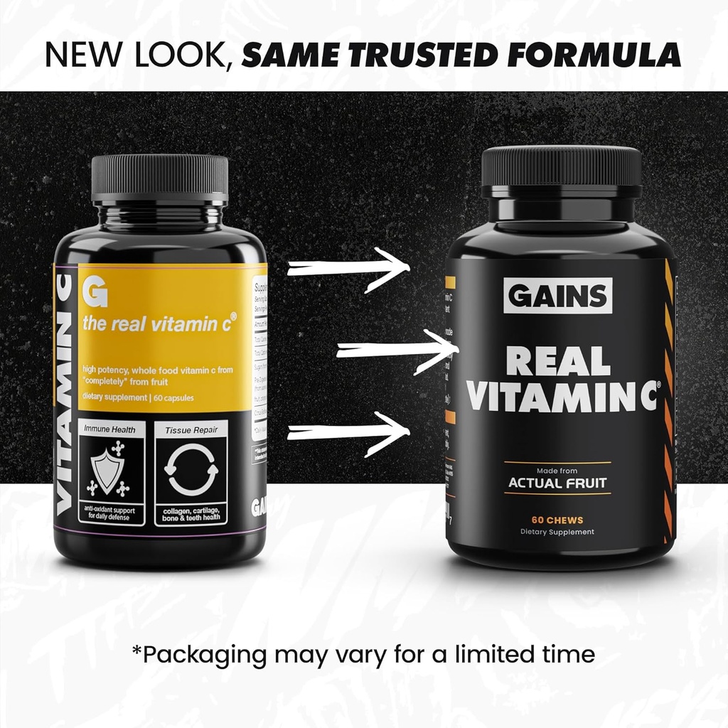 Gains in Bulk Real Vitamin C, Immune Support Chewable, Natural Vitamins with Citrus Bioflavonoids, Whole Food Vitamin C Supplement from Plant Sources, Vegan Supplements for Women and Men, 60 Tablets 3