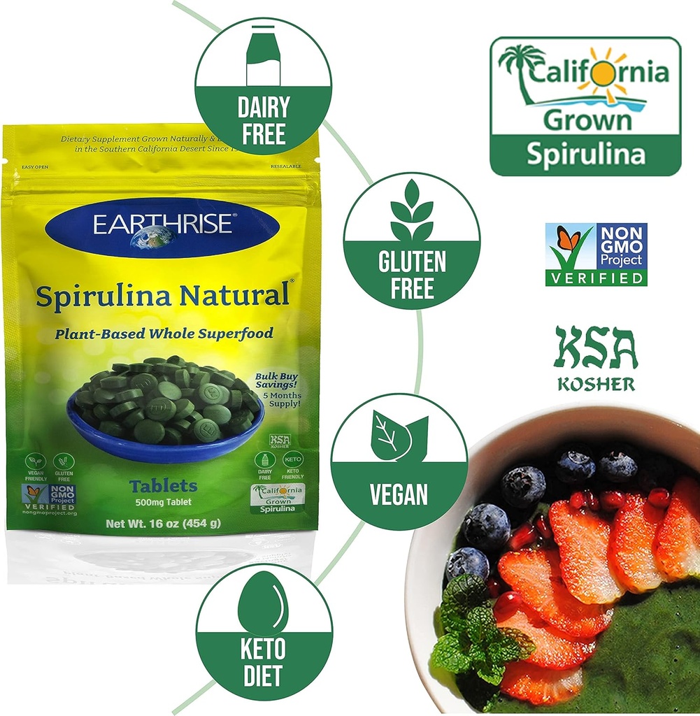 Earthrise Spirulina, Pure Californian Spirulina 500 mg, Vegan, Gluten Free, Keto Friendly, Non -GMO Super Food high in Vitamins & Minerals., 1 LB Tablets (150 Serving) 5