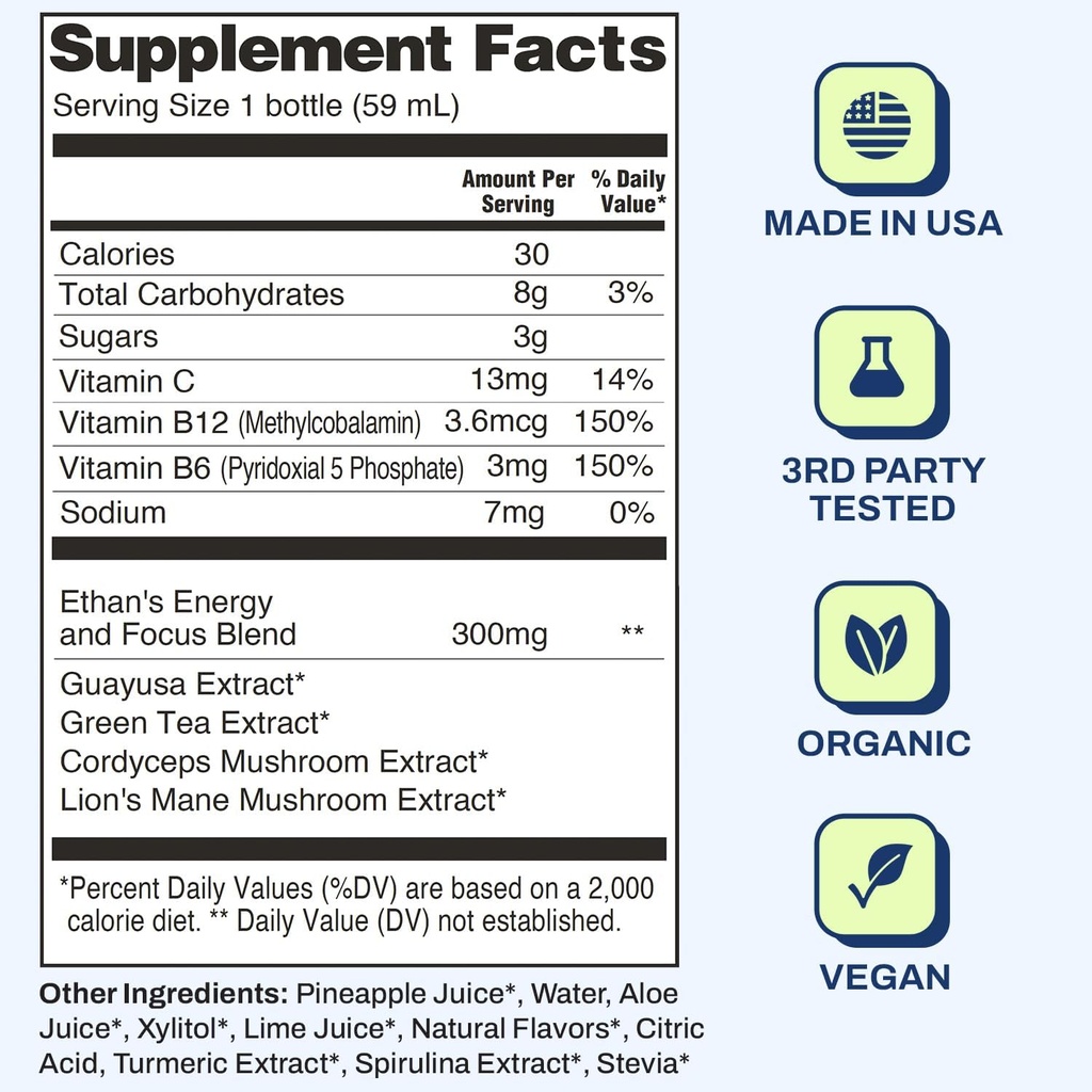 Ethan's Organic Clean Energy Shots Pineapple, Sugar Free Natural Pre-Workout Focus Boost, Gluten Free, Vegan, B6 & B12 Vitamin C with Green Tea Extract and Guayusa (2 Pack of 2oz Shots) 3
