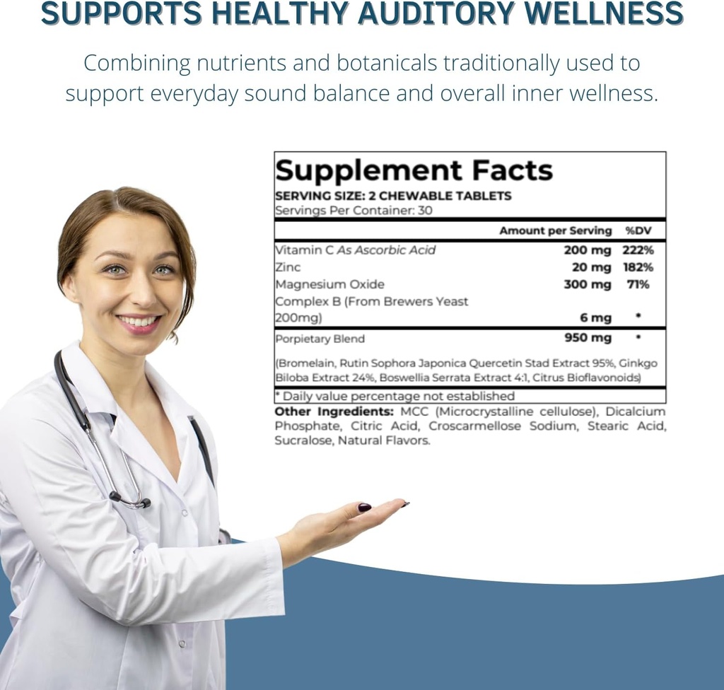 Zen Ear Tinnitus Relief for Ringing Ears - Chewable Ear Health Herbal Supplement with Magnesium, Zinc, B Complex, Bioflavonoids - Reduce Noise & Promote Clarity - 60 Tablets (30 Servings) 5