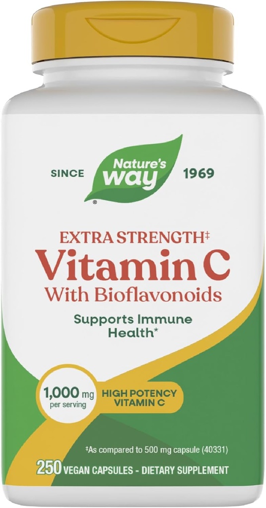 Nature's Way Extra Strength Vitamin C with Bioflavonoids, Promotes Collagen Production for Healthy Skin*, 1g Vitamin C as Ascorbic Acid per Capsule, 250 Vegan Capsules (Packaging May Vary) 2