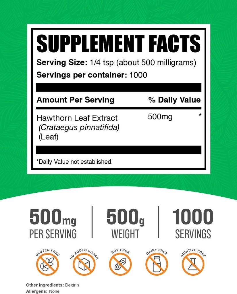 BulkSupplements.com Hawthorn Leaf Extract Powder - Hawthorn Leaf Supplement - Herbal Supplement, Vegan & Gluten Free, 500mg per Serving, 500g (1.1 lbs) (Pack of 1) 3