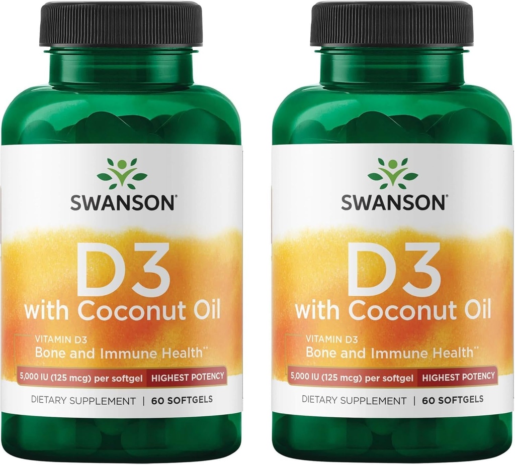 Swanson High Potency Vitamin D-3 w/Coconut - Natural Supplement Promoting Bone Health & Immune System Support - May Help Increase Calcium Absorption - (60 Softgels, 125mcg Each) (2 Pack) 2