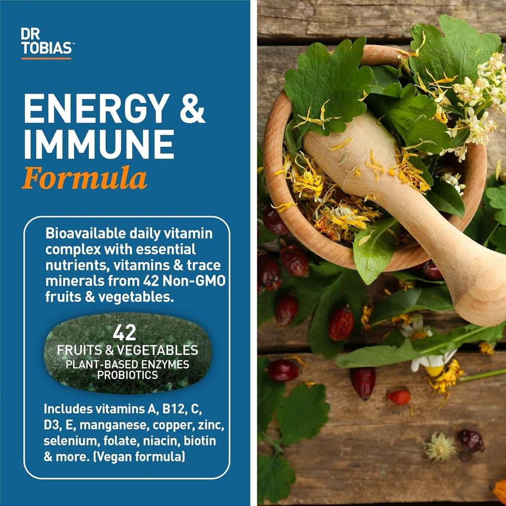Dr. Tobias Adult Multivitamin for Women & Men, Immune Supporting Vitamins from 42 Fruits, Vegetables, Plus Probiotics, Vegan Multivitamins for Men & Women, Non-GMO, 180 Tablets, 60 Servings 3