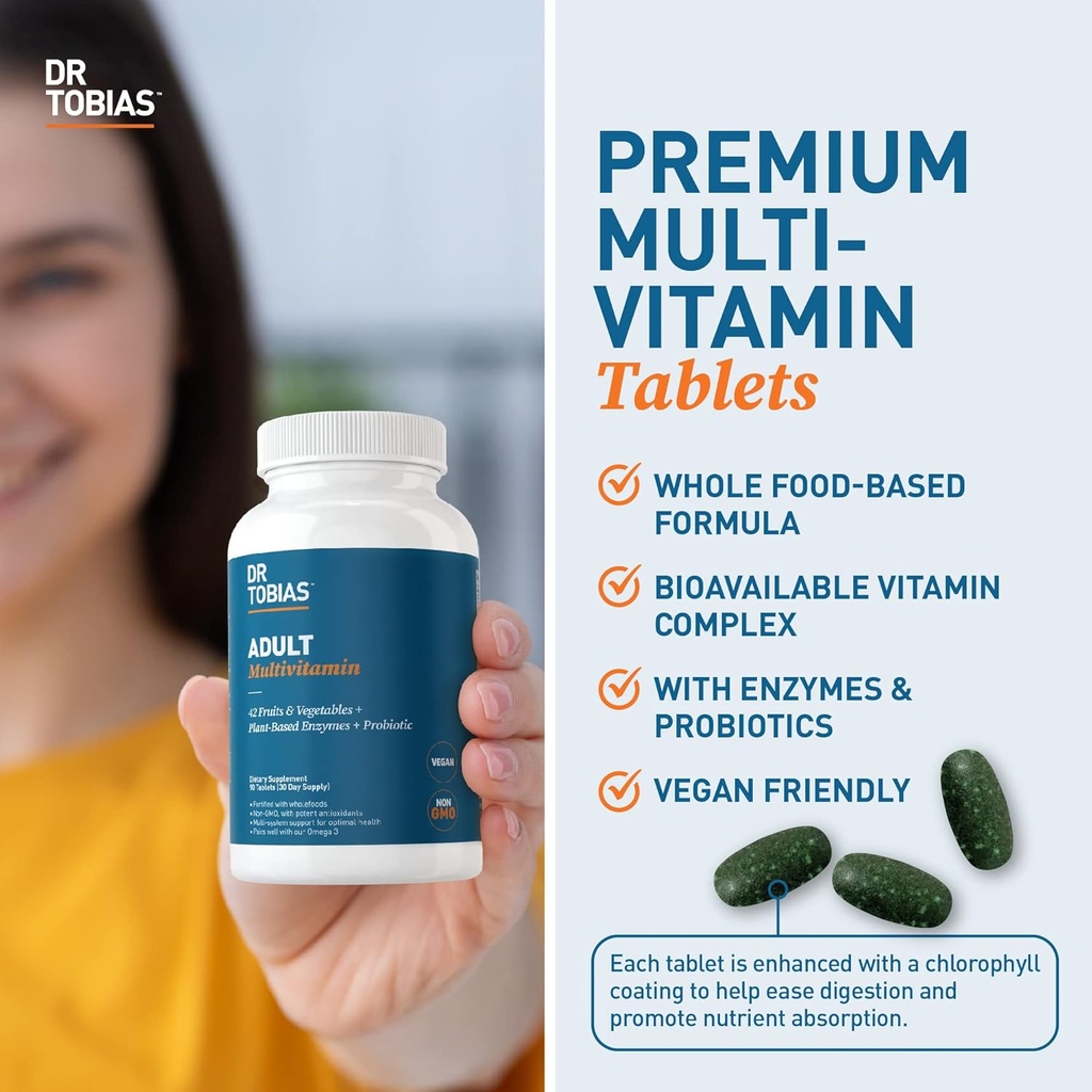 Dr. Tobias Adult Multivitamin for Women & Men, Immune Supporting Vitamins from 42 Fruits, Vegetables, Plus Probiotics, Vegan Multivitamins for Men & Women, Non-GMO, 180 Tablets, 60 Servings 5