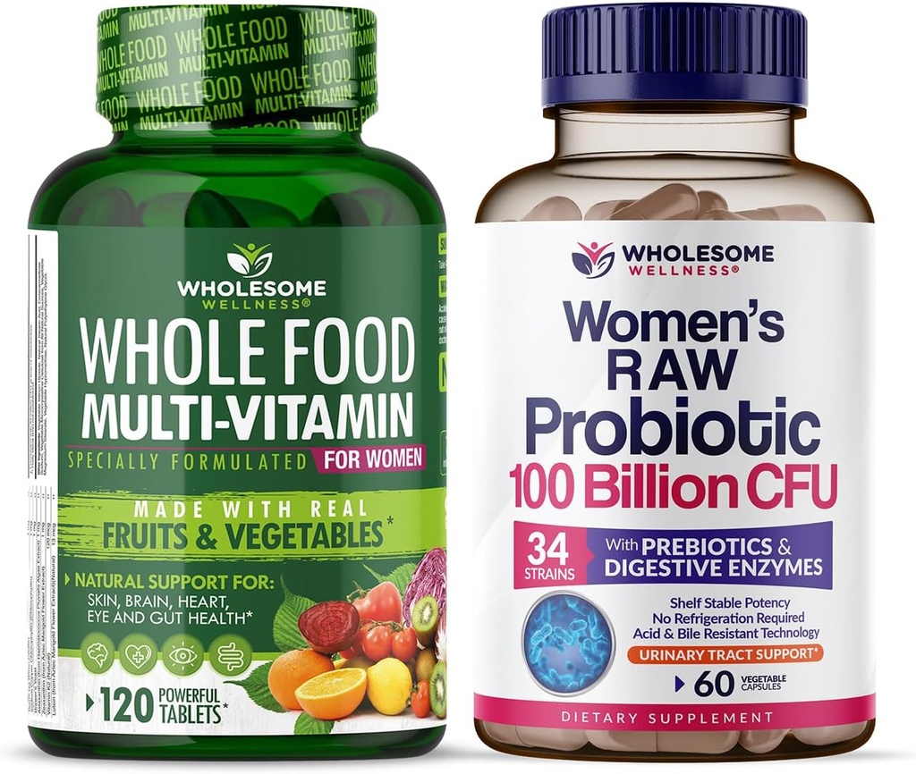 Wholesome Wellness Food Multivitamin for Women - Natural Multi Vitamins, Minerals, Organic Extracts + Dr. Formulated Raw Probiotics for Women 100 Billion CFUs with Prebiotics Bundle 2