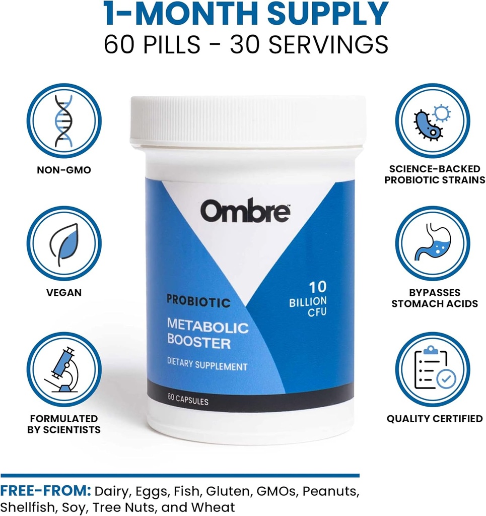 Ombre Metabolic Booster Probiotic - Supports Metabolism, Healthy Weight Management & Digestion - Energy & Gut Health Supplement for Women and Men - 10 Billion CFU, Prebiotic Fiber, Vegan, 30 Servings 4