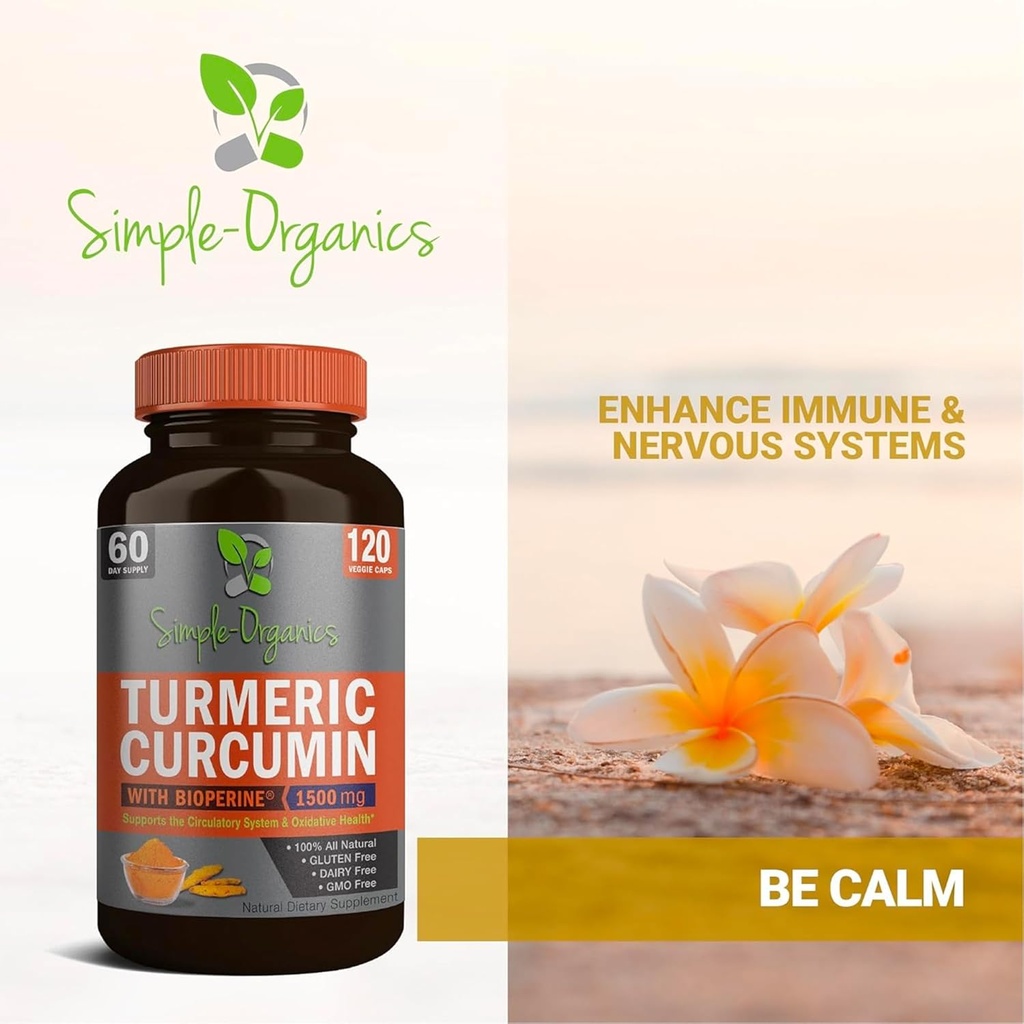 Turmeric Curcumin with Bioperine, Black Pepper Extract for Absorption, Natural Joint Support and Overall Health, 1500mg per Serving, 120 Vegan Capsules 6