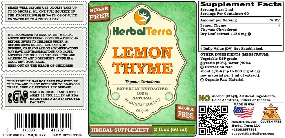 Lemon Thyme (Thymus x Citriodorus) Glycerite, Organic Dried Herb Alcohol-Free Liquid Extract (Brand Name: HerbalTerra, Proudly Made in USA) 2x2 fl.oz (2x60 ml) 3