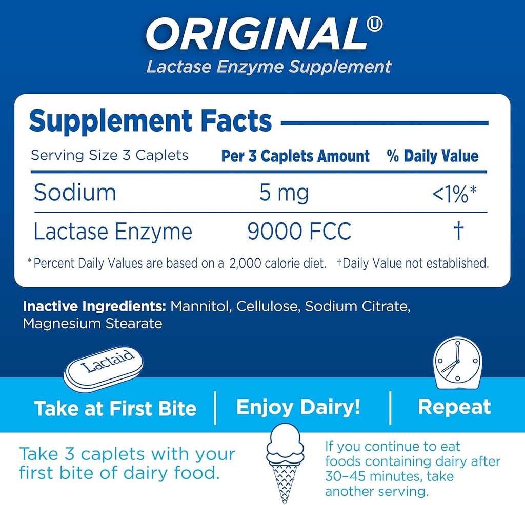 Lactaid Original Strength Lactose Intolerance Relief Caplets with Natural Lactase Enzyme, Dietary Supplement to Help Prevent Gas, Bloating & Diarrhea Due to Lactose Sensitivity, 120 ct 6