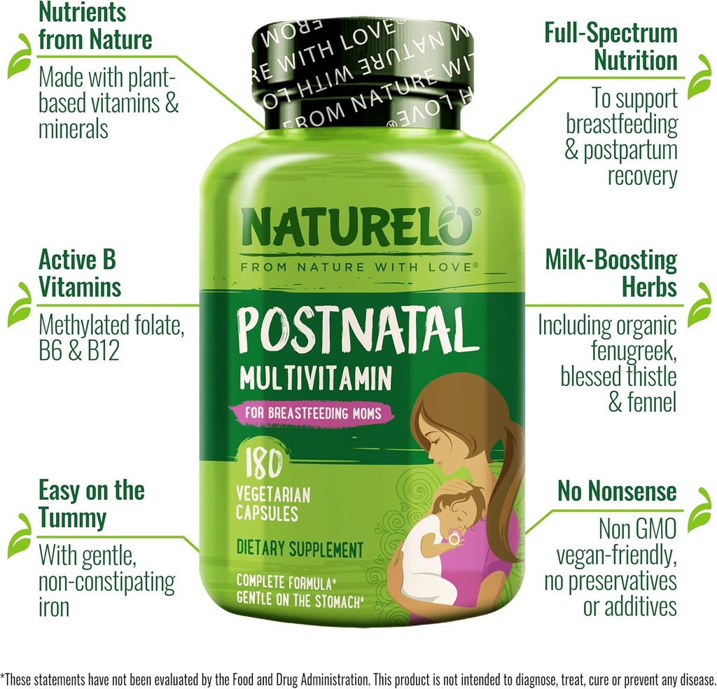 NATURELO Postnatal Multivitamin - Supplement for Breastfeeding Women - Plant-Based Vitamin D, Folate, Gentle Iron - for Nursing Mother, Baby - Post Natal Lactation Support 180 Capsules 5