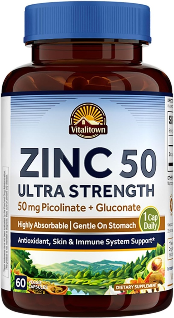 Vitalitown Chelated Zinc 50 mg, Zinc Picolinate & Gluconate, 60 Veggie Capsules, Well-Absorbed, Immune System, Healthy Skin & Development, Vegan, NO Gluten, Non-GMO 2