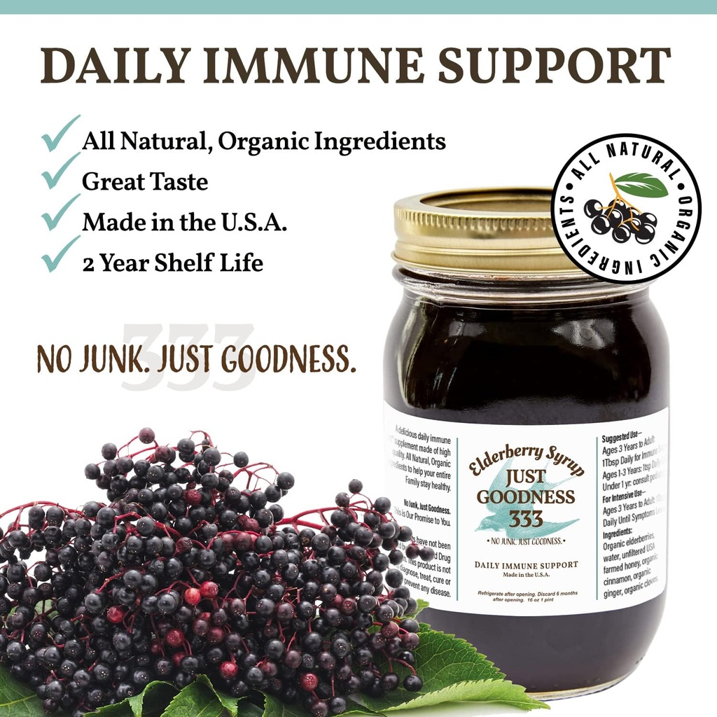 All Natural Elderberry Syrup (16 fl oz) for Adults and Kids, Daily Immune Support Herbal Supplement with Antioxidants, Organic Sambucus Elderberry 3
