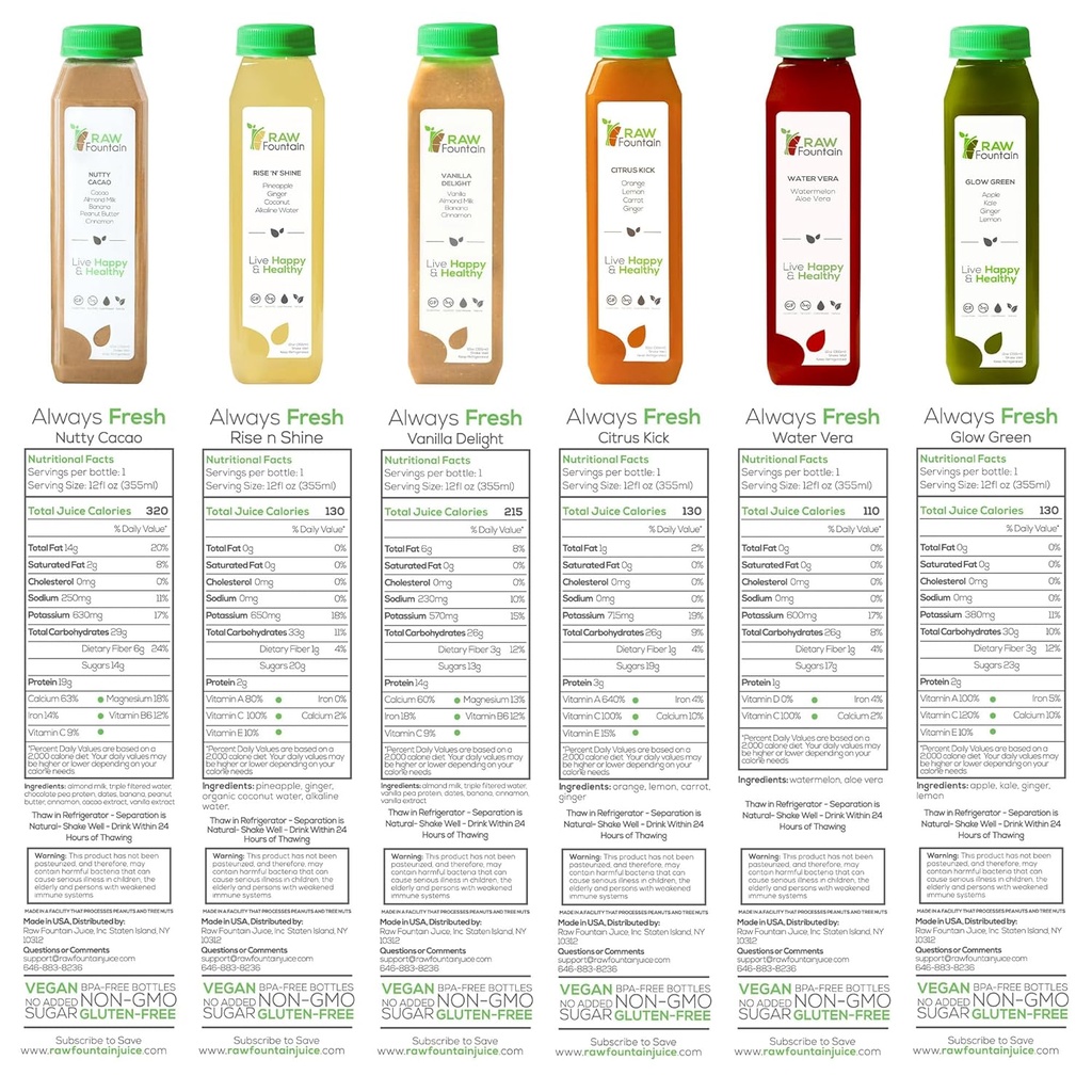 3 Day Protein Juice Cleanse by Raw Fountain, All Natural Raw Detox Cleanse, Cold Pressed Fruits, Vegetables, Vanilla and Chocolate Flavor, Tasty and Energizing, 18 Bottles 12oz, 3 Ginger Shots 6