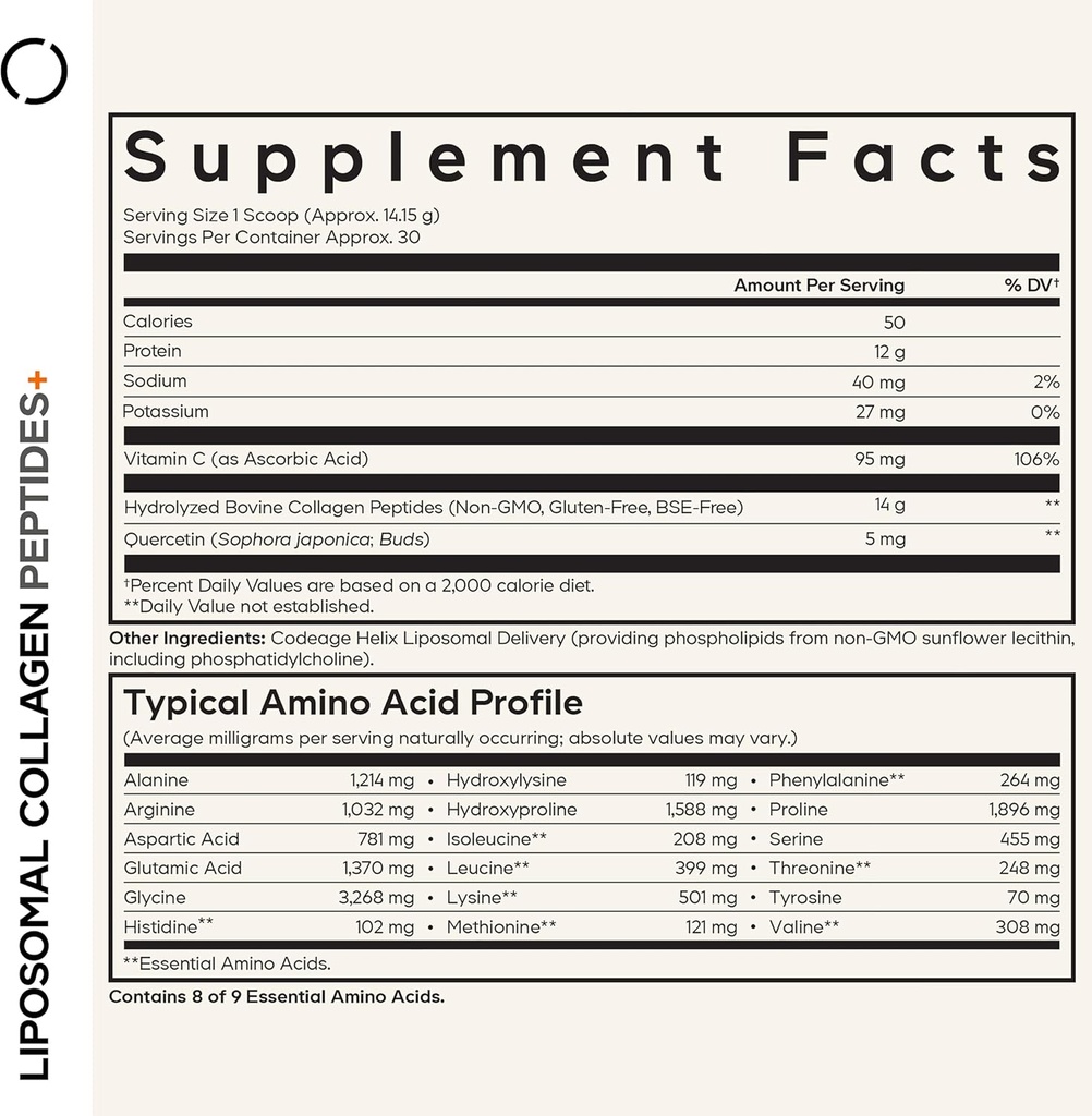 Codeage Liposomal Collagen Peptides Powder + Vitamin C & Quercetin, Phospholipid Complex, Grass-Fed Pasture-Raised Hydrolyzed Collagen Type I & III Supplement All-in-One, Non-GMO, 14.97 oz 3