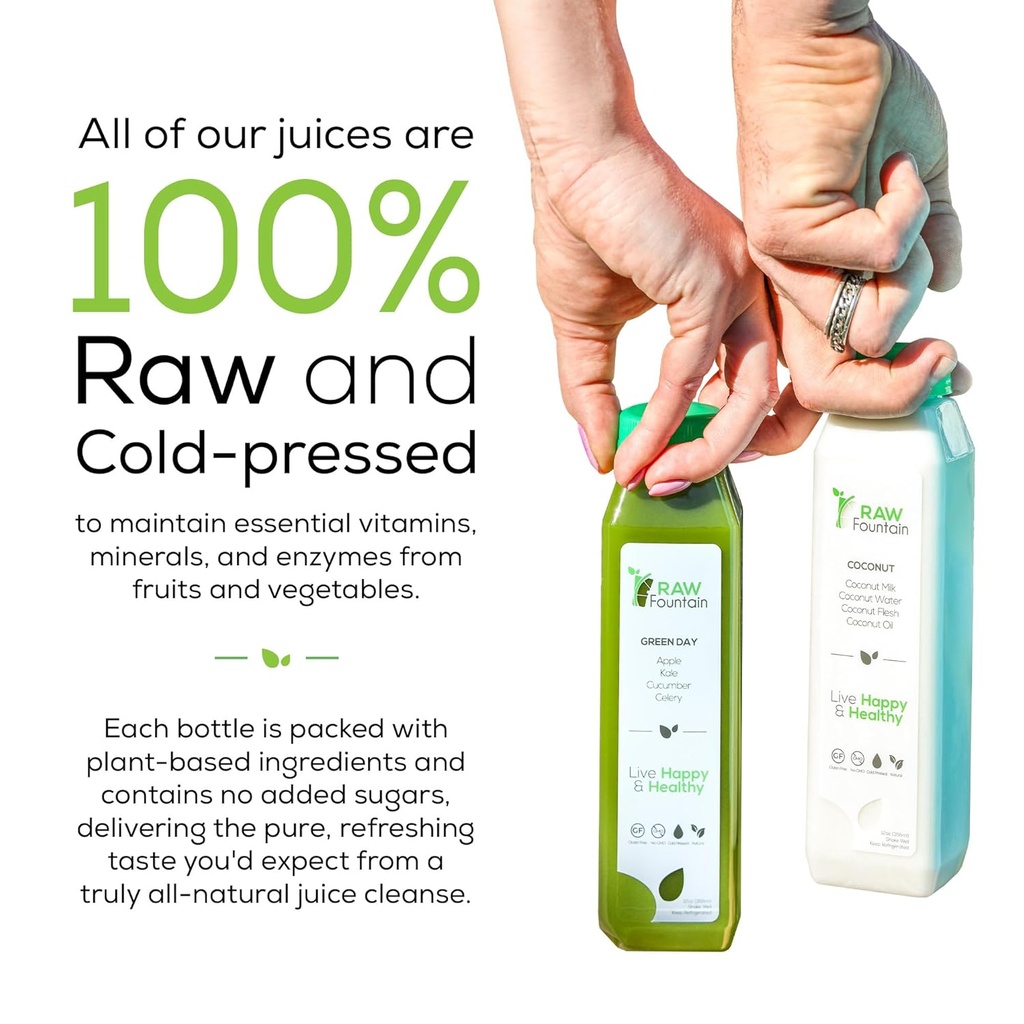 5 Day Juice Cleanse by Raw Fountain, All Natural Raw Detox Cleanse, Juicing for Body Rest, Cold Pressed Juice Fast, Great Way to Jumpstart a Healthy Diet, 30 Bottles 12oz, 5 Ginger Shots 5