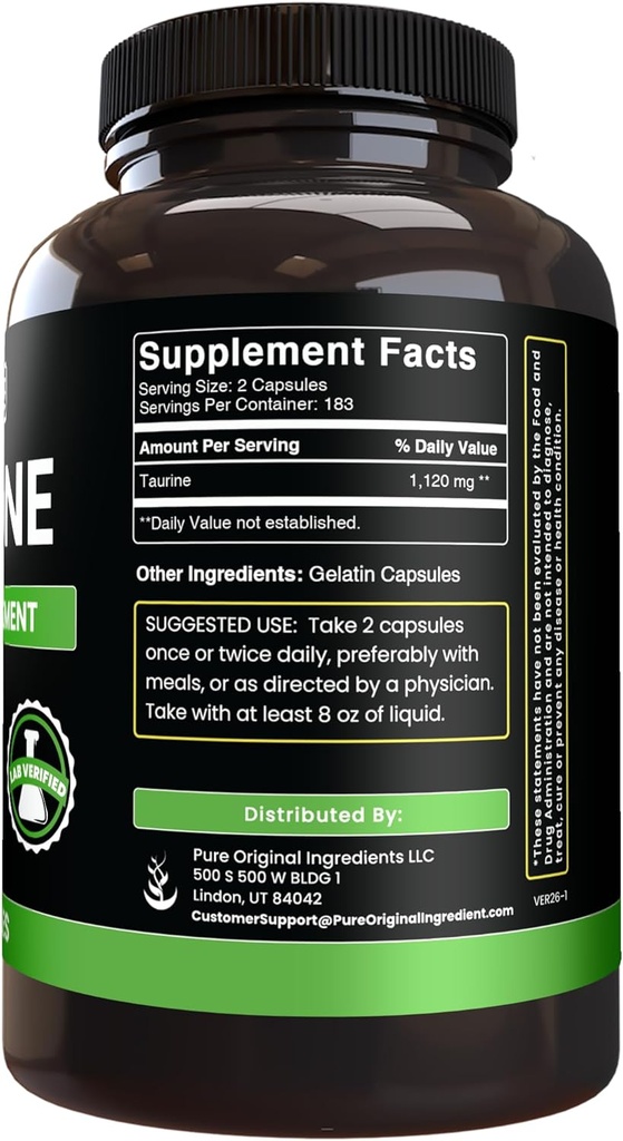 Pure Original Ingredients Taurine (365 Capsules) No Magnesium Or Rice Fillers, Always Pure, Lab Verified 3