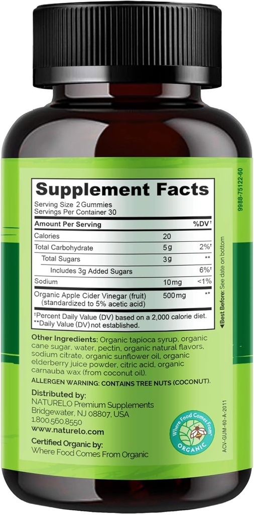 NATURELO Apple Cider Vinegar Gummies, Certified Organic, Vegan - 60 Gummies 4