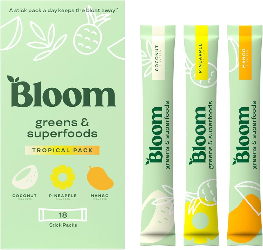 Bloom Nutrition Superfood Greens Powder Stick Packs, Digestive Enzymes with Probiotics and Prebiotics, Gut Health, Bloating Relief for Women, Chlorella, Green Juice Mix, 18 SVG, Tropical Variety 2