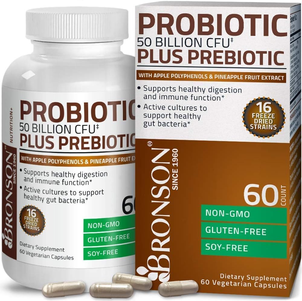 Bronson Probiotic 50 Billion CFU + Prebiotic with Apple Polyphenols & Pineapple Fruit Extrac Antarctic Krill Oil 1000 mg with Omega-3s EPA DHA 3